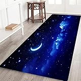 Läufer für Flur, Galaxie-Thema, blau, dunkle Nacht, Wolke, Stern, Mond, lange Flächenteppich, rutschfeste Bodenmatte für Schlafzimmer, Wohnzimmer, Waschküche, Eingang, waschbare Küchenmatte