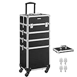 SONGMICS Alu Trolley, Kosmetikkoffer mit Rollen, Friseurkoffer, Schminkkoffer ohne Inhalt, Handgepäck, Beauty Case, 4 in 1, XXL, schwarz JHZ06B