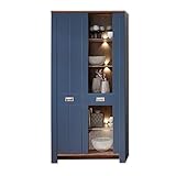 Stella Trading Dijon Vitrine in Parisian Blue, Haveleiche Cognac Optik-Moderner Vitrinenschrank mit LED-Beleuchtung und viel Stauraum, 98 x 201 x 38 cm