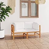 BULANED 2-Sitzer-Gartensofa mit Creme Kissen, Gartenlounge, Garden Sofa, Balkonmöbel, Gartenmöbel, Loungemöbel, Massivholz Teak