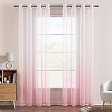 EMEMA Gardinen Transparent Vorhänge Voile Sheer Vorhang mit Ösen Farbverlauf Dekoschal Fensterschal für Schlafzimmer und Wohnzimmer 225 cm x 140 cm(H x B) 2er Set Weiß Rosa