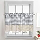 choicehot Grau Karierte Küche Gardine, Bistrogardine, Kurzvorhang, Landhaus Scheibengardine, Vintage Quasten, Häkeln Spitze, Kurz Kleine Fenster,Baumwolle und Leinen 1 Stück H/B: 45 x 150 cm