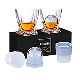 Whisky Gläser, 4er Set (2 Kristallgläser, 2 große Eiskugelformen) in Geschenkbox – 320 ml Whiskey Gläser für Scotch, Cocktail, Rum, Bourbon, Cognac, Wodka und Likör – Einzigartige Geschenke für Männer