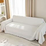 LHGOGO Waffel Sofa Überwurfdecke 180x300cm Große 3 Sitzer Sofaüberwurf Vielseitige Wohndecke als Sofadecke, Couch Überwürf, Sofa Überzug und Tagesdecke mit Deko Quasten - Weiß