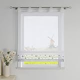 CORLIF Raffrollo mit Schlaufen Modern Raffgardine Küche Schlaufenrollo Leinenoptik mit Blumen Stickerei Transparente Rollo Landhaus Kurz Fenster Schal B/H 100/150 cm Grau