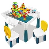 UISEBRT Kindertisch mit 2 Stühle Spieltisch mit 163 Stück Bausteine Multifunktionaler Aktivitätstisch Set für Kinder Baustein Tisch Stuhl Set Basteltisch für Kinderzimmer und Kindergarten