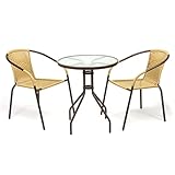 Nexos Bistroset Balkonset Rattanset – Sitzgarnitur aus Glastisch & Bistrostuhl – Stahlgestell Poly-Rattan Glasplatte – robust stapelbar – beige