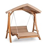 blumfeldt Bermuda - Hollywoodschaukel, Gartenschaukel, Sitzfläche:130 cm, Belastung: max. 240 kg, Lärchenholz, Weichholz, witterungsbeständig, Sonnendach, 5 cm Polyester Sitz-Kissen, beige