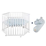 roba Set inkl. Laufgitter 6-eckig + Mikrofaser-Bettschlange - Laufstall Komplettset mit Einlage roba Style hellblau - 3-fach höhenverstellbar - Holz weiß