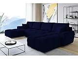 ML Furniture Velvet Ecksofa in U-Form – Dunkelblau Sofa – Couch mit Stauraum und Kissen - Ausziehbares Schlafsofa – Sofa mit Schlaffunktion - Schlafsofa mit Bettkasten – Gästebett – 365 x 189 cm