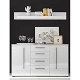 Lomadox Sideboard und Wandboard in weiß Hochglanz mit schwarzen Relinggriffen BxHxT: 150x156x42cm