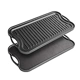 Gusseisen Grillplatte für Gaskochfeld und BBQ Grillpfanne doppelseitig vormontiert, Grillplatte Tablett, für gesundes und leckeres Kochen, flache und geriffelte Oberflächen 50 x 25cm