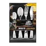 Jurassic World Kinderbesteck Set, 4-teiliges Besteckset mit Dino-Prägungen, Essbesteck aus rostfreiem Edelstahl mit Messer, Gabel, Suppenlöffel und Dessert-Löffel