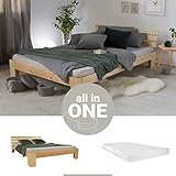 Homestyle4u 2264, Holzbett Doppelbett 140x200 mit Matratze und Lattenrost Bett Natur Holz Kiefer Bettgestell Futonbett