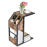 COSTWAY C-förmiger Beistelltisch mit Stauraum, Sofa Tisch Vintage, Industrieller Nachttisch, Zeitungsständer Metallrahmen, Laptoptisch für Wohnzimmer & Schlafzimmer, Kaffeetisch Betttisch, Braun