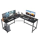 DlandHome Gaming Schreibtisch L Form Großer Eckschreibtisch Gaming Winkelschreibtisch Computertisch Bürotisch Ecktisch Studie PC Tisch Workstation mit CPU-Ständer 150 cm + 150 cm Dunkelbraun & Schwarz