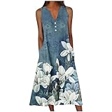 Komiseup Sommerkleid Damen Lang Midiklied Elegant V-Ausschnitt ärmellos Sommerkleider Leicht und Lufte Blumenkleid Frauen Lässig Strandkleid Lose Freizeitkleid