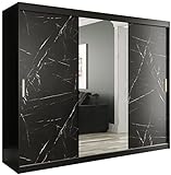 Kryspol Schiebetürenschrank Marmur T1 250 cm Kleiderschrank mit Spiegel Einlegeboden Schlafzimmer- Wohnzimmerschrank Schiebetüren Modern Design (schwarz matt + schwarzer Marmor, Schubladen: 0)
