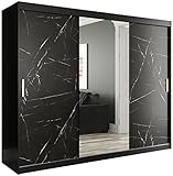 Kryspol Schiebetürenschrank Marmur T1 250 cm Kleiderschrank mit Spiegel Einlegeboden Schlafzimmer- Wohnzimmerschrank Schiebetüren Modern Design (schwarz matt + schwarzer Marmor, Schubladen: 0)