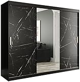 Kryspol Schiebetürenschrank Marmur T1 250 cm Kleiderschrank mit Spiegel Einlegeboden Schlafzimmer- Wohnzimmerschrank Schiebetüren Modern Design (schwarz matt + schwarzer Marmor, Schubladen: 0)