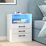 Lvhcmfohm Nachttisch Weiß mit Led und USB, Nachtschrank Schwarz, Nachttische mit Steckdose und 3 Schubladen, Beistelltisch für Schlafzimmer Wohnzimmer, 16 Farben Beleuchtung (40x35x60cm)