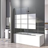 Duschwand für Badewanne 130x140 cm Badewannenfaltwand 3-teilig Faltbar 6mm ESG Glas Nano Beschichtung Duschtrennwand Schwarzer Rahmen mit weißen Querstreifen