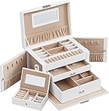 SONGMICS Schmuckkästchen 3 Ebenen, Schmuckkasten mit 2 Schubladen, Schmuckschatulle mit tragbarer Mini-Box für Reisen, mit Griff, abschließbar, Schmuckaufbewahrung, Geschenkidee, weiß JBC121W