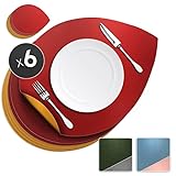 Desidoro Tischset Leder, 6er Set inklusive Untersetzer, abwaschbar doppelseitig rutschfest, Platzset PU-Leder zweifarbig (Rot / Gelb)
