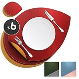 Desidoro Tischset Leder, 6er Set inklusive Untersetzer, abwaschbar doppelseitig rutschfest, Platzset PU-Leder zweifarbig (Rot / Gelb)