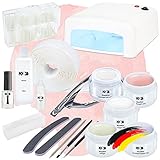 ND24 NailDesign – Gelnägel Starter Set Basic French mit UV Haftgel, Aufbaugel, Frenchgel, Versiegelungsgel, UV-Lampe & Zubehör – 18-teiliges Komplettset für Anfänger geeignet – UV Gele Made in Germany