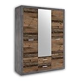 Stella Trading Stone Eleganter Kleiderschrank mit viel Stauraum und Spiegeltür - Vielseitiger Drehtürenschrank in Old Style Optik und Betonoxid - 151 x 198 x 55 cm (B/H/T)