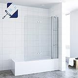 AQUABATOS® 150 x 140 cm Duschtrennwand für Badewanne Badewannenfaltwand mit Festteil und Eckregalen aus 5mm Echtglas Nano Beschichtung, 150cm breite 140cm höhe faltbar Duschwand Glas Badewannenaufsatz