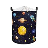 Clastyle 45L Schwarz Wäschekorb Kinder mit Universum, Planet, Raketen, Stern - Rund Wäschekorb Faltbar für Kinderzimmer - Perfekt Aufbewahrungskorb zum Aufbewahren von Spielzeug, 36x45 cm
