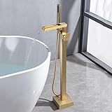 Badewannenarmatur Wasserfall Warmer Und Kalter 1-Loch-Standarmatur Freistehend Wannenarmatur 3/8-Zoll-Anschluss,Gebürstetes Gold