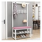 4-in-1-Eingangsbaum mit Schuhbank, Garderobe mit 12 Haken und 2 Hängestangen, mit Bank und Schuhaufbewahrung, Metallrahmen (Farbe: Rosa, Größe: 80 x 33 x 170 cm)