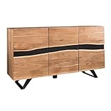 FineBuy Sideboard 148 x 85 x 43 cm Massiv-Holz Akazie Natur Baumkante Anrichte | Landhaus-Stil Highboard mit 3 Türen | Flur Schrank Kommode
