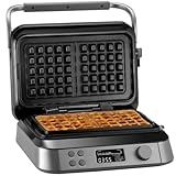 KLAMER Waffeleisen belgische Waffel, Waffeleisen doppelt mit 7 Stufen und 5 Programmen, Platten mit Antihaftbeschichtung, 1600W, grau