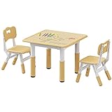 Brelley Kindertisch mit 2 Stühlen, 3tlg Kindersitzgruppe, Höhenverstellbares Tisch- und Stuhlset für Kleinkinder, Graffiti-Schreibtisch, Kinderzimmer, Spielzimmer, Vorschüler, Beige
