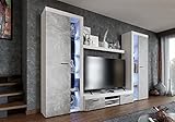 Furnix Wohnwand Riva XL Mediawand Betonoptik Wohnzimmer 4-TLG Komplett-Set mit LED - TV Lowboard, Highboard Vitrine, Wandregal - Modern Freistehend - B 300 x H 190 x T 40,2 cm, Farbe Weiß/Beton