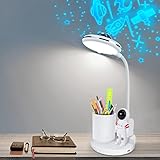 VUENICEE Schreibtischlampe Kinder, Schreibtischlampe Dimmbare LED Tischlampe mit Stifthalter und Projektion, USB-Anschluss Nachttischlampe, 360° Verstellbar Schwanenhals Leselicht Wohnzimmer Büro