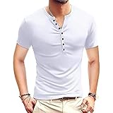 Herren Casual Henley Shirt Langarm Slim Fit Einfarbig Oberteile Basic Rundhals Grandad T-Shirt Knöpfe Tee Tops, weiß, S