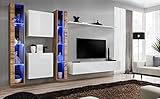 ASM Wandset – Switch XVI – 2 LED-Vitrinen – 2 quadratische Vitrinen – 1 TV-Bank – 1 Regal – Holz und Weiß – Modell 1