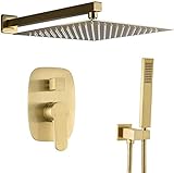 Duschsystem, gebürstetes Gold, wandmontiertes Badezimmer-Messing, 25,4–30,5 cm, Regendusche, Wasserhahnsystem, Mischer-Set mit Handbrause, Luxus-Duschset, 25,4 cm Decoration
