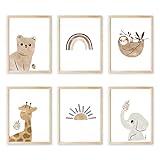 Marvelights 6er Set Bilder Babyzimmer Deko Junge Mädchen - DIN A4 Poster Kinderzimmer Baby Dschungel Tiere, Kinderbilder (DIN A4 ohne Rahmen)