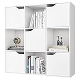 FirFurd Bücherregal, Regal weiß, Bücherschrank mit 5 Türen, Aufbewahrungsregal 9 Fächern, Büroregal für Wohnzimmer, Arbeitszimmer, Kinderzimmer, 90 x 29 x 90 cm