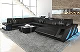 Sofa Apollonia XXL U Form Wohnlandschaft Leder Couch mit LED Ledersofa mit Ottomane und Kopfstützen (Ottomane rechts, Schwarz-Grau)