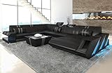 Sofa Apollonia XXL U Form Wohnlandschaft Leder Couch mit LED Ledersofa mit Ottomane und Kopfstützen (Ottomane rechts, Schwarz-Grau)