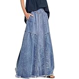 Damen Sommer Jeansrock Vielseitiger Großer A-Linien Rock Einfacher Freizeitrock Langer Rock Elastischer Lose Pendlerrock Elegant Maxirock Sommerrock mit Taschen