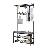 Schuhbank-Garderobenständer, Kleiderbügel-Garderobenständer, freistehender Flurbaum mit Bankständer und Haken, industrieller Garderobenständer mit Schuh-Kleiderständer für Flur, Wohnzimmer,