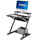 FITUEYES Schwarz Schreibtisch mit zweistufiger Tischplatte, Computertisch mit Monitor Riser, Holz bürotisch Haus Büro, Lagerung Workstation Tabelle Studiertisch für Home Office